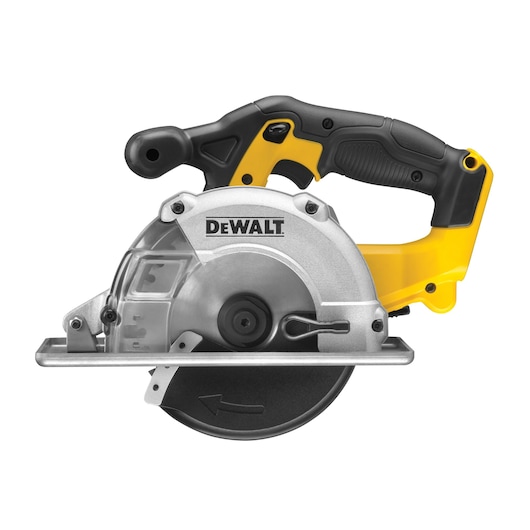 DEWALT cordless circular saw with black and yellow handle, side view of the tool on a white background.