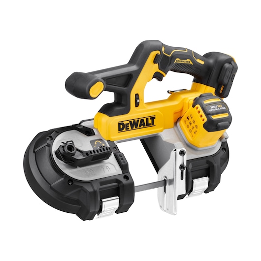 DEWALT cordless band saw with brushless motor, yellow and black, model DCS378N, shown on white background.