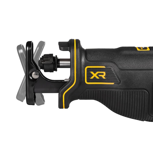 Close-up of a DEWALT XR cordless reciprocating saw handle and blade holder, black with yellow details.