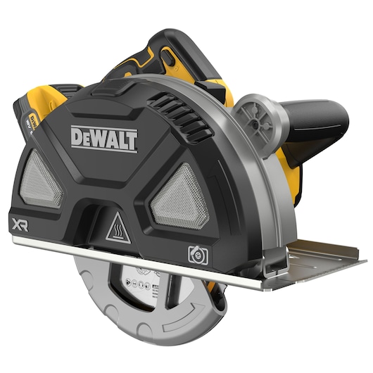 DEWALT cordless circular saw with protective guard and ergonomic handle, model DCS383H2, shown in close-up.