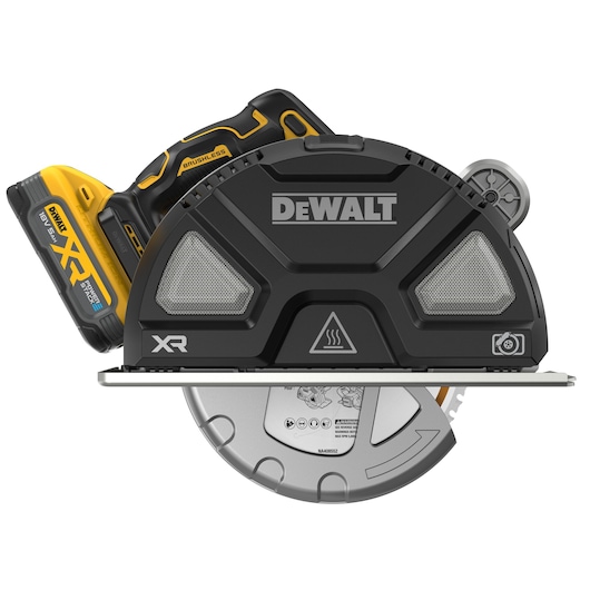 DEWALT cordless circular saw with brushless motor and 18V XR battery, shown from the side.