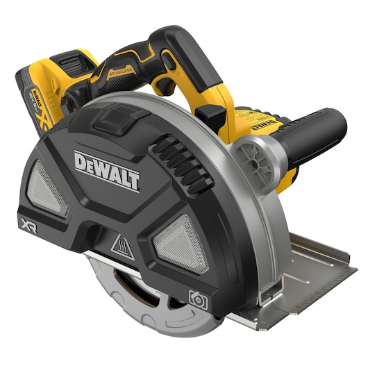 DEWALT cordless circular saw with a yellow and black design, brushless motor, and protective blade guard.