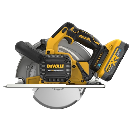 DEWALT cordless circular saw with yellow and black design and 18V XR lithium battery.