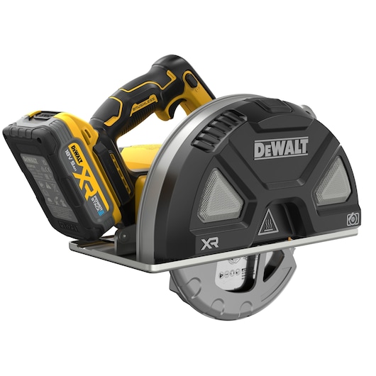 DEWALT cordless metal cutting saw with protective guard and XR battery, compact and brushless design.