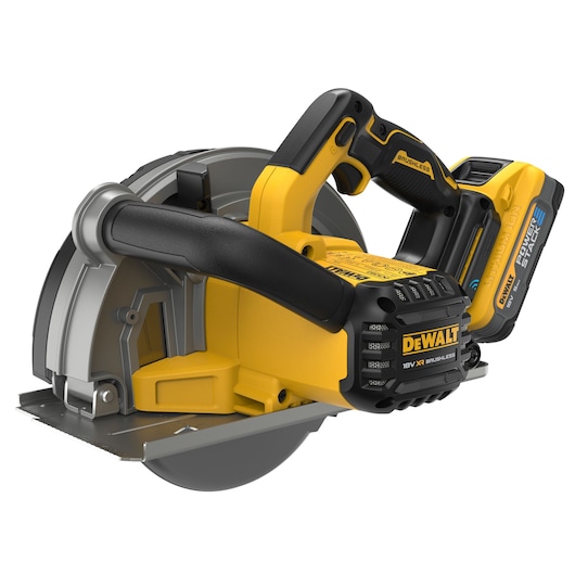 DEWALT cordless circular saw with yellow and black handles, brushless 18V battery, and power stack feature.