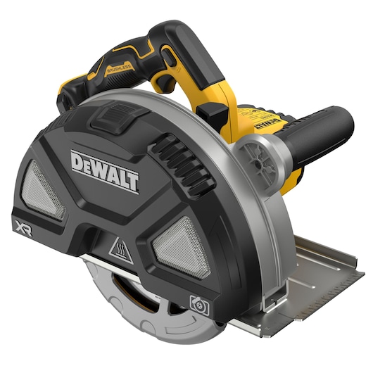 DEWALT saw, Photography category, SKUs DCS383N, DCS383N-XJ. Yellow and black tool with protective blade cover.