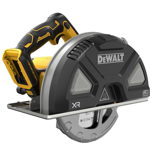 DEWALT DCS383N, DCS383N-XJ cordless saw, black and yellow, product photography.