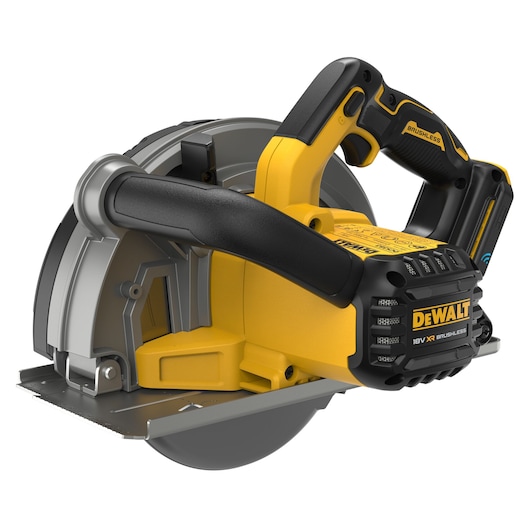 DEWALT cordless saw with DCS383N, DCS383N-XJ SKUs, yellow and black design, side angle view.