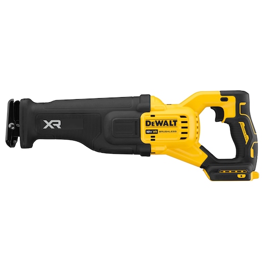 DEWALT DCS386NT 18V XR cordless reciprocating saw in yellow and black, side view on white background.