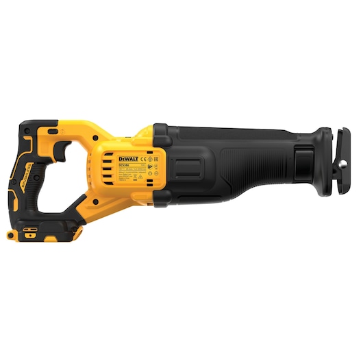DEWALT DCS386NT cordless reciprocating saw with yellow and black body, side view on white background.