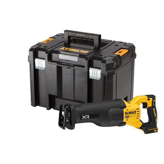 DEWALT reciprocating saw with a black storage case, both shown against a white background.