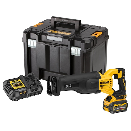 DEWALT cordless reciprocating saw kit with case, charger, and battery.
