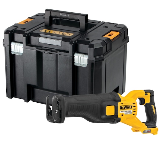 A DEWALT cordless reciprocating saw with a black and yellow handle, placed in front of a sturdy black DEWALT tool storage box with silver latches and orange accents.