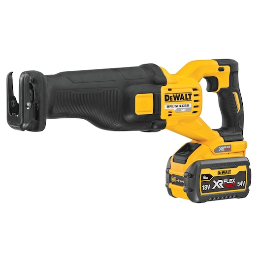 A DEWALT cordless reciprocating saw, model DCS389T2, with a yellow and black design. The tool features a brushless motor and an 18V/54V XR FLEXVOLT lithium-ion battery attached at the base.