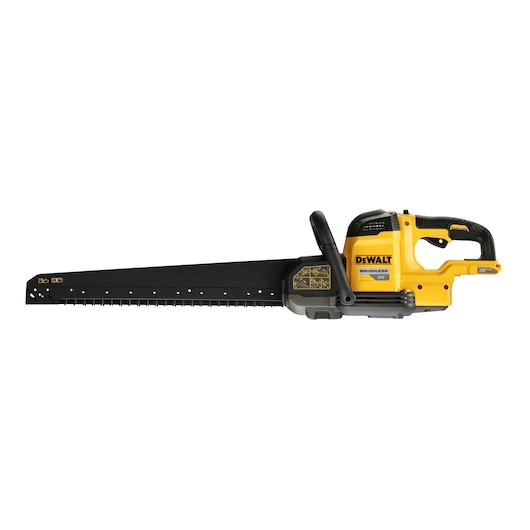 DEWALT DCS397N brushless 54V reciprocating saw with extra-long blade and yellow handle, side view.