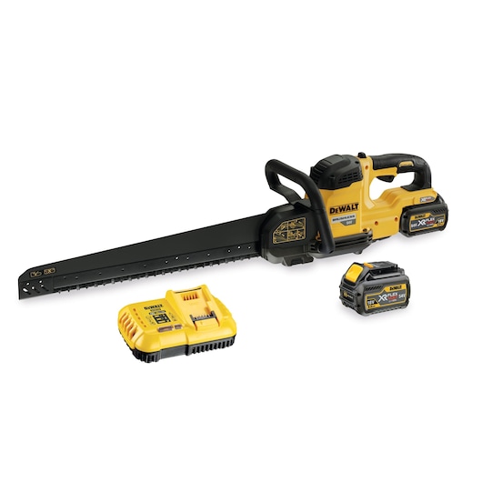 DEWALT cordless saw kit with long blade, two batteries, and a yellow battery charger.