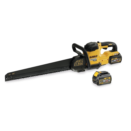 DEWALT cordless alligator saw with long blade and two detachable batteries.