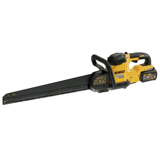 DEWALT DCS397T2 cordless alligator saw with long blade and yellow-black body, suitable for cutting materials.