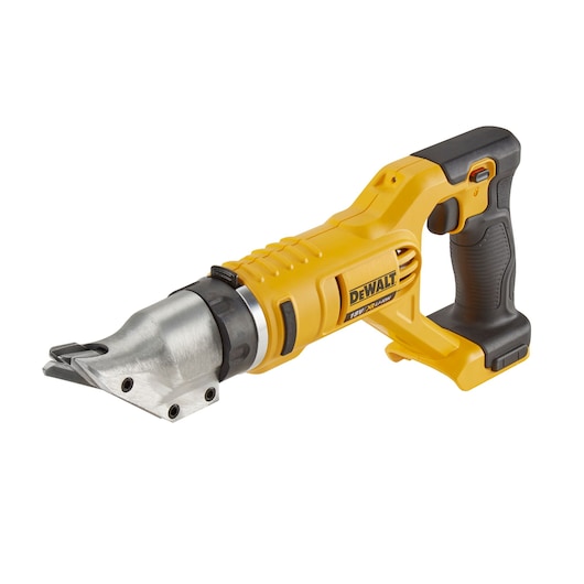 DEWALT cordless metal shear tool with yellow and black design, ergonomic handle and cutting head.