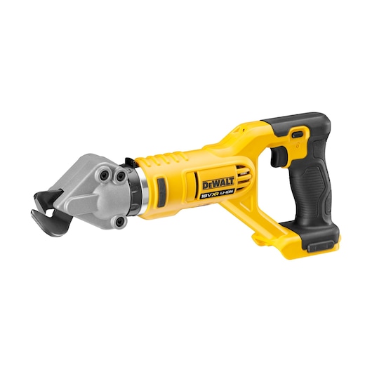 Yellow DEWALT cordless metal shear tool with ergonomic handle on a white background.
