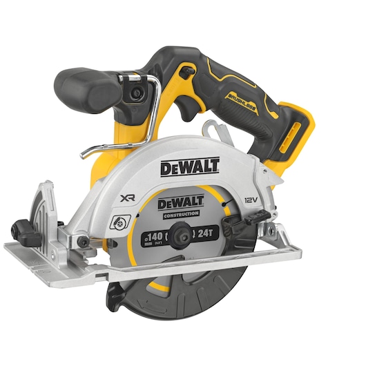 DEWALT cordless circular saw with ergonomic handle, silver blade cover, and yellow-black design.
