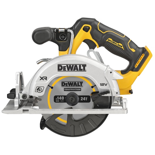 DEWALT 12V cordless circular saw with black and yellow handle and silver blade guard, model DCS512NT.