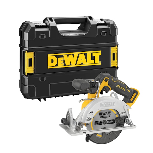 A DEWALT branded black and yellow carrying case positioned behind a DEWALT cordless circular saw with a silver blade guard and black-yellow handle.