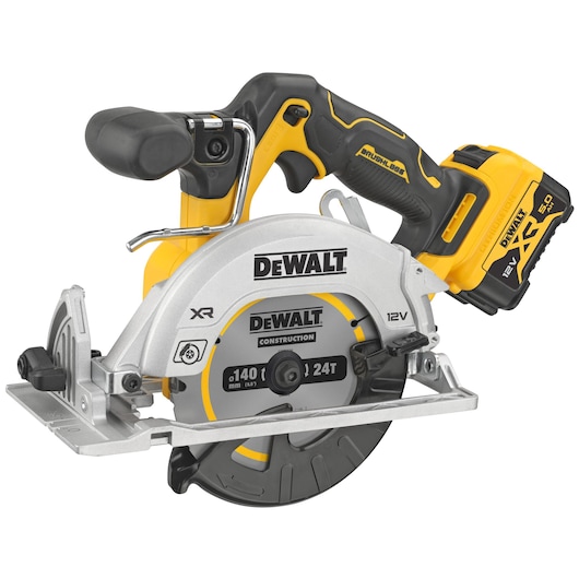 A DEWALT 12V XR cordless circular saw with a yellow and black handle, silver blade guard, and visible battery pack attached to the end.