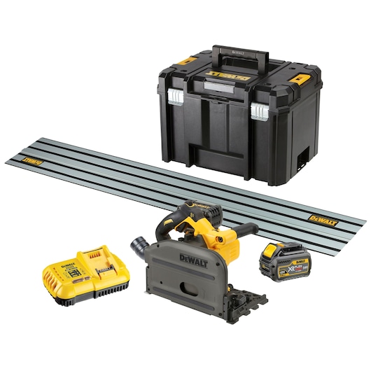 DEWALT cordless plunge saw kit, including a plunge saw, battery pack, charger, two guide rails, and a black storage case. All components are branded with the DEWALT logo.