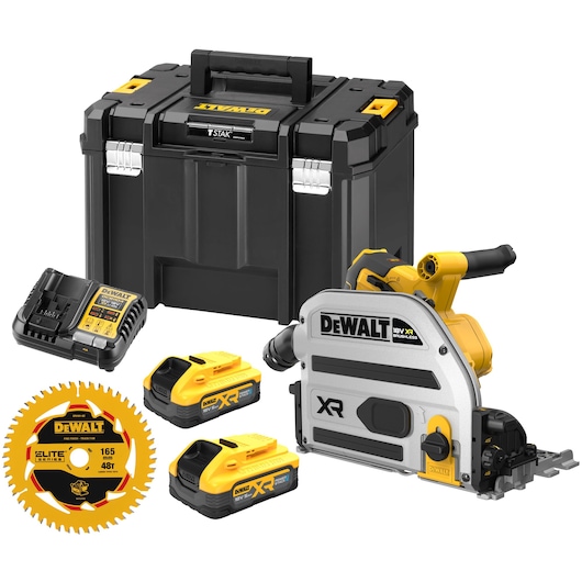 DEWALT DCS525H2T track saw kit includes saw, batteries, charger, blade, and storage case.