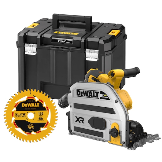 DEWALT saw set with blade and carry case, includes brushless track saw and circular blade for cutting tasks.