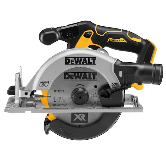 DEWALT cordless circular saw with brushless motor and black-yellow handle, shown in a side profile view.