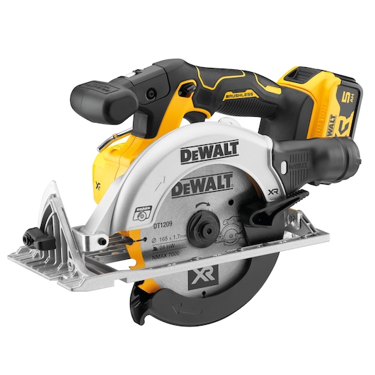 DEWALT cordless circular saw with yellow and black design, model DCS565P2, shown with blade and battery.