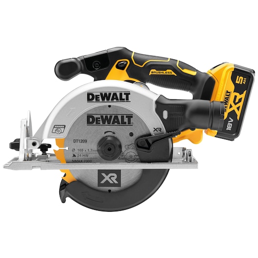 DEWALT DCS565P2 cordless circular saw with battery and ergonomic handle, shown from side view.