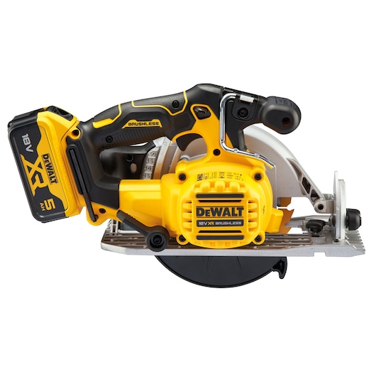 DEWALT cordless circular saw with brushless motor and 18V XR battery, side view on white background.