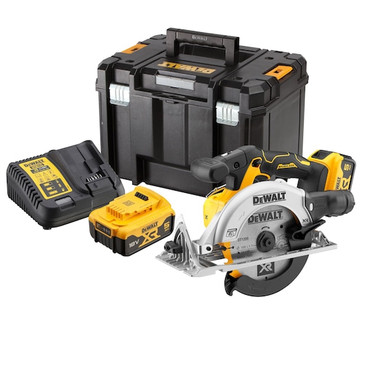 DEWALT cordless circular saw kit with battery, charger, and storage box.