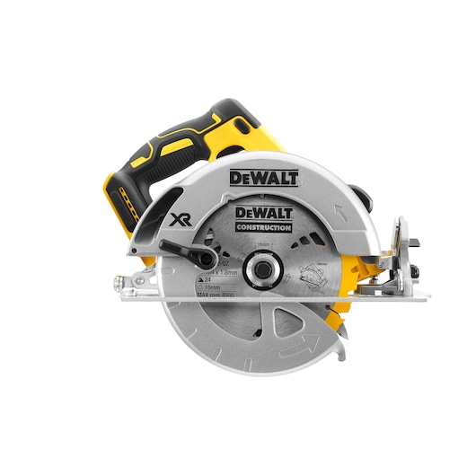 A DEWALT cordless circular saw with a yellow and black handle and a silver blade guard, shown facing forward. The model number is DCS570N.