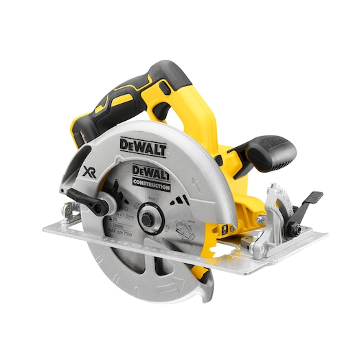 DEWALT DCS570N cordless circular saw for construction, yellow and black, blade and ergonomic handle visible.