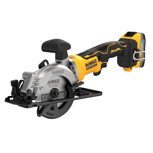 Cordless DEWALT circular saw with yellow and black handle and 18V battery pack attached.