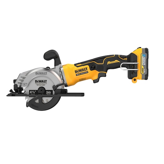 DEWALT cordless handheld circular saw with yellow and black design and visible blade.