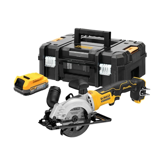 DEWALT cordless circular saw kit with battery and storage case, suitable for cutting tasks.