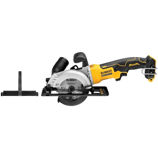 DEWALT DCS571N cordless brushless 4-1/2 inch circular saw with yellow and black handle, shown with an accessory guide attachment.