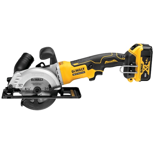 A DEWALT cordless brushless compact circular saw with an 18V XR lithium-ion battery, featuring a yellow and black design.