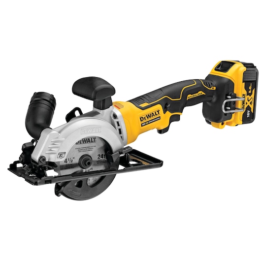 A DEWALT cordless handheld circular saw with a yellow and black design and a brushless motor, featuring an 18V battery attached at the rear.