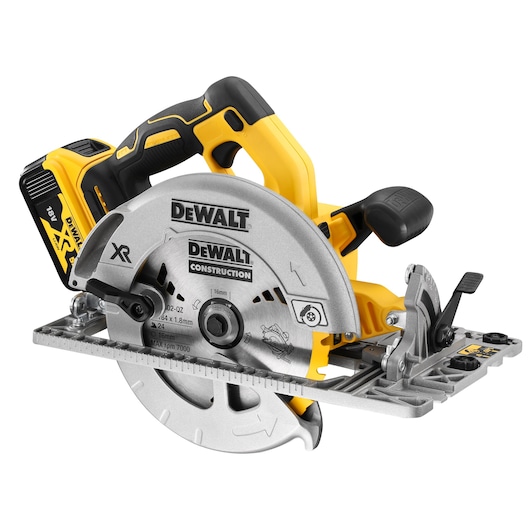 DEWALT cordless circular saw with 18V XR battery, silver blade, and black-yellow design, for construction use.