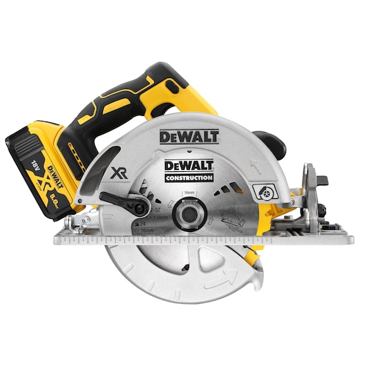 Cordless DEWALT circular saw with 18V XR battery, designed for construction cutting tasks.