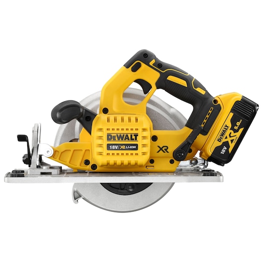 DEWALT 18V XR cordless circular saw with yellow and black design and 5.0Ah battery.