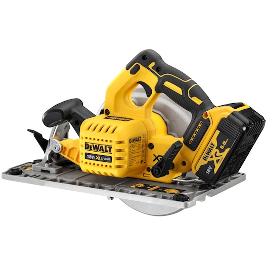 DEWALT DCS572P2 18V cordless circular saw with XR Li-Ion battery and ergonomic handle.