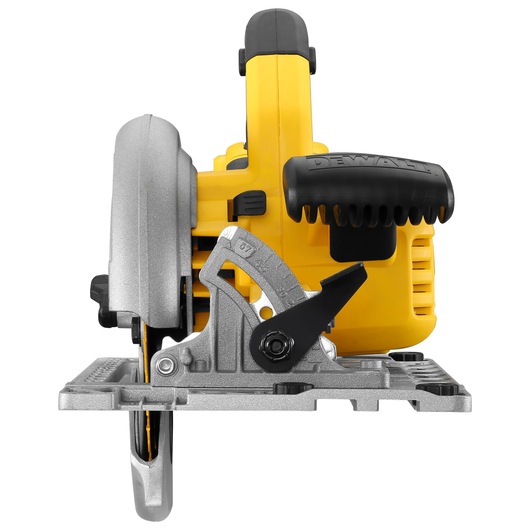 Front view of a yellow DEWALT cordless circular saw with silver blade guard and black handle.