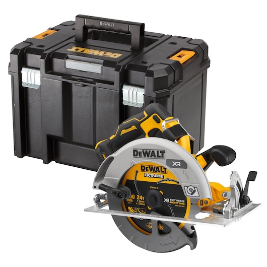 DEWALT circular saw with black and yellow storage case, suitable for professional construction and woodworking.